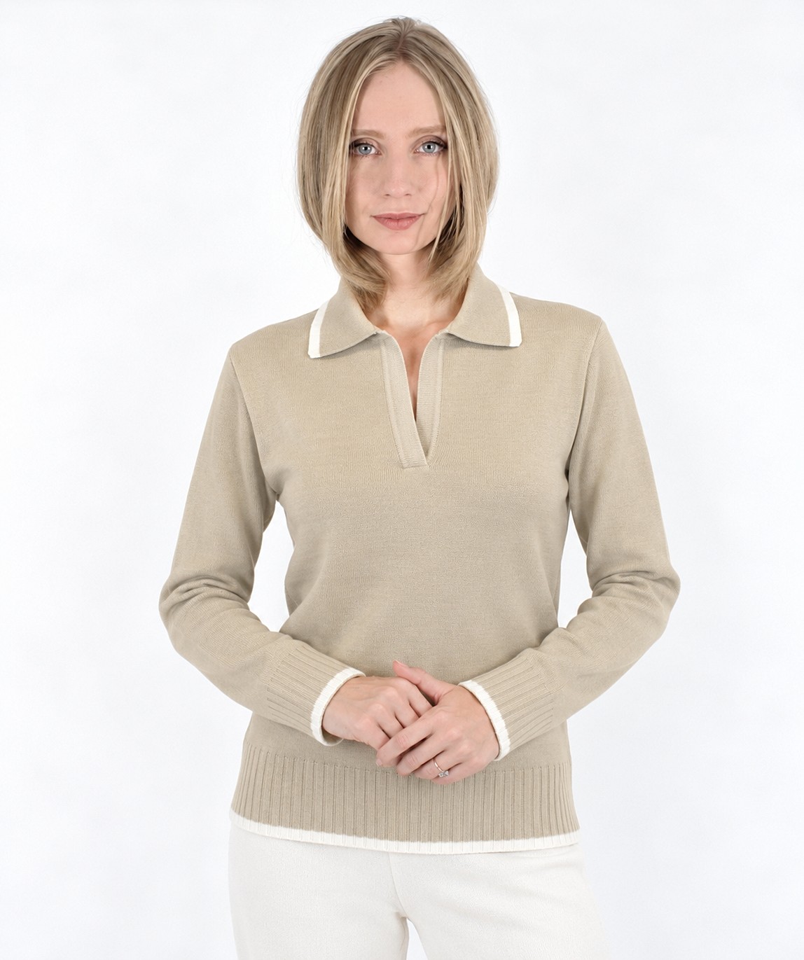 Pulover polo beige din lână 